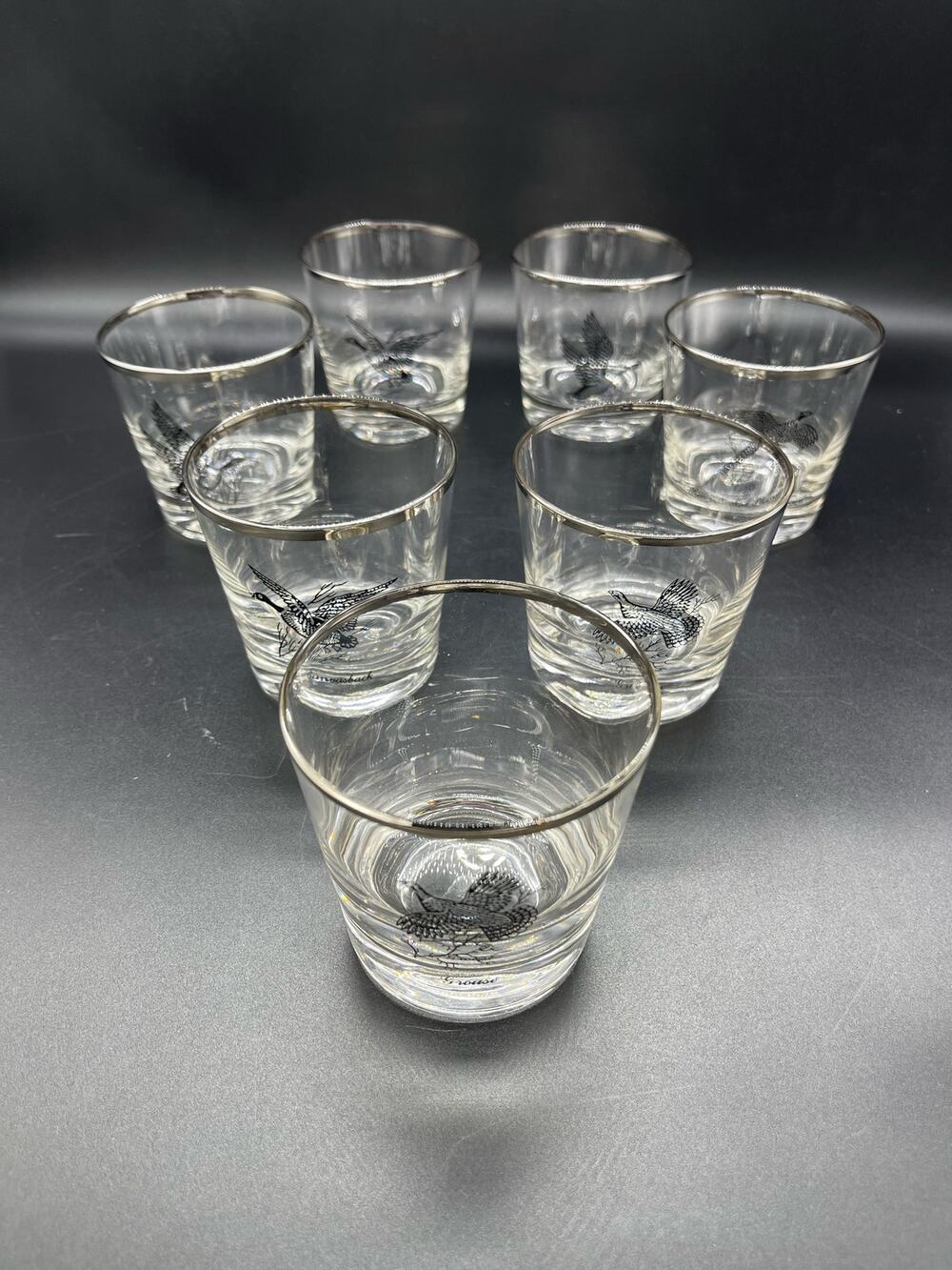 Vintage MCM Sportsman Game Birds Set of 7 Federal Whiskey Glasses Silver Rim